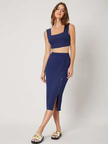 SHEIN EZwear Rib-Knit Slätt Enkel Linne & Cami - Marinblå - Visa 4