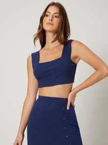 SHEIN EZwear Rib-Knit Slätt Enkel Linne & Cami - Marinblå - Visa 5