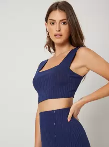 SHEIN EZwear Rib-Knit Slätt Enkel Linne & Cami - Marinblå - Visa 8