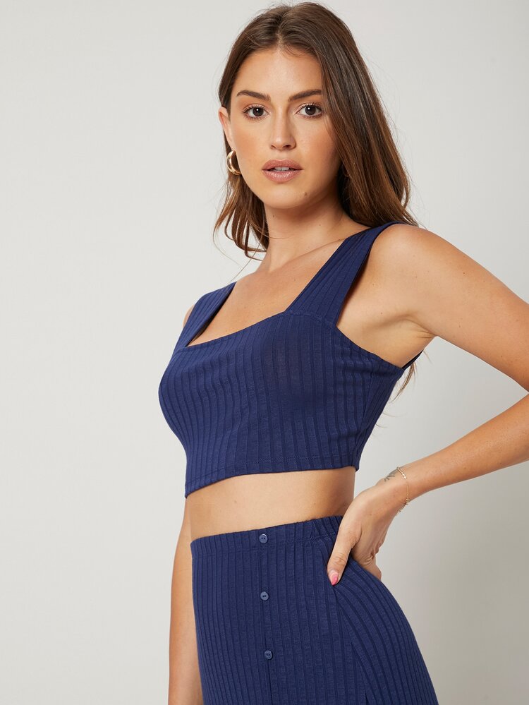SHEIN EZwear Crop Tank Top - Navy Blue - View 8