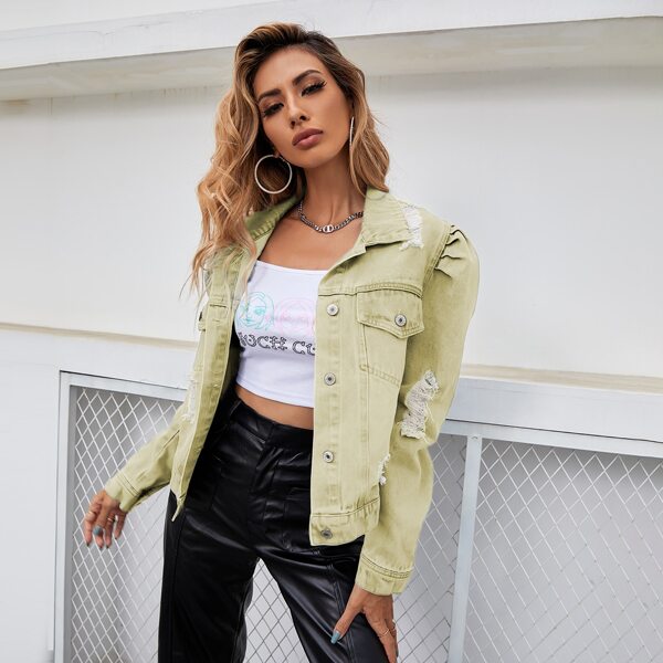 

Puff Sleeve Ripped Denim Jacket, Khaki