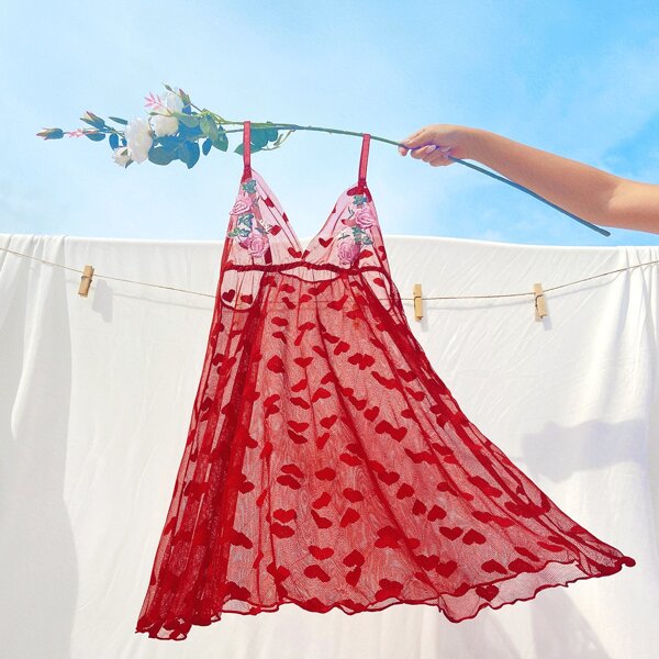 

Floral Embroidery Heart Mesh Lounge Dress, Red