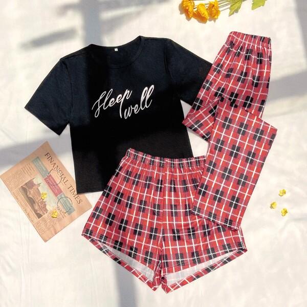 

3pcs Letter & Plaid Print PJ Set, Multicolor
