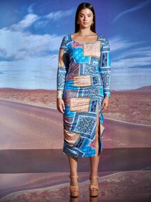 SHEIN Plus Scarf Print Split Hem Dress - Multicolor - View 4