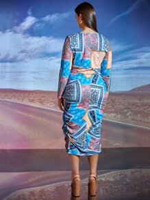SHEIN Plus Scarf Print Split Hem Dress - Multicolor - View 2