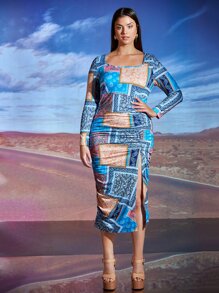 SHEIN Plus Scarf Print Split Hem Dress - Multicolor - View 1