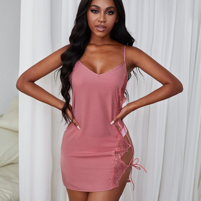 

Lace Trim Lace Up Side Cami Lounge Dress, Dusty pink