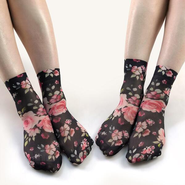 

2pairs Flower Print Ankle Socks, Multicolor