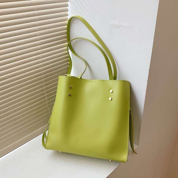

Minimalist Studded Decor Shoulder Tote Bag, Green