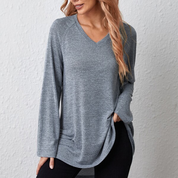 

Solid Raglan Sleeve Longline Tee, Grey
