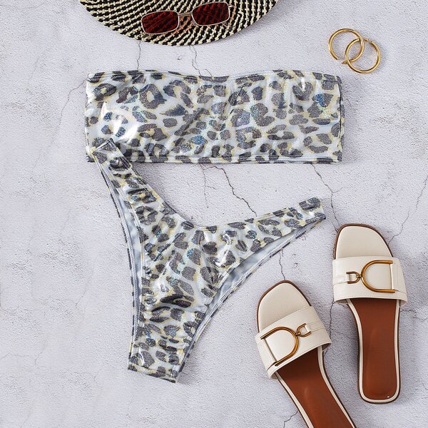 

Leopard Metallic Bandeau High Cut Bikini Swimsuit, Multicolor