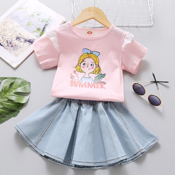 

Toddler Girls Letter & Figure Graphic Tee & Denim Skirt, Multicolor