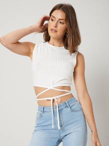 SHEIN EZwear Top tank de canalé de poliéster reciclado - Blanco - Ver 1