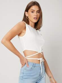 SHEIN EZwear Top tank de canalé de poliéster reciclado - Blanco - Ver 3