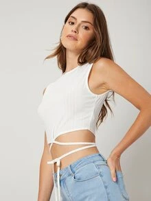 SHEIN EZwear Top tank de canalé de poliéster reciclado - Blanco - Ver 4