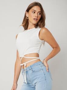 SHEIN EZwear Top tank de canalé de poliéster reciclado - Blanco - Ver 6