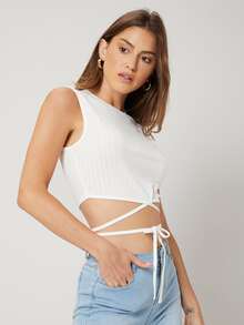 SHEIN EZwear Top tank de canalé de poliéster reciclado - Blanco - Ver 10