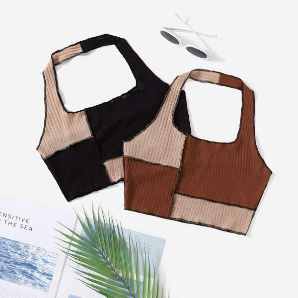 

2pcs Two Tone Contrast Stitch Halter Top, Multicolor
