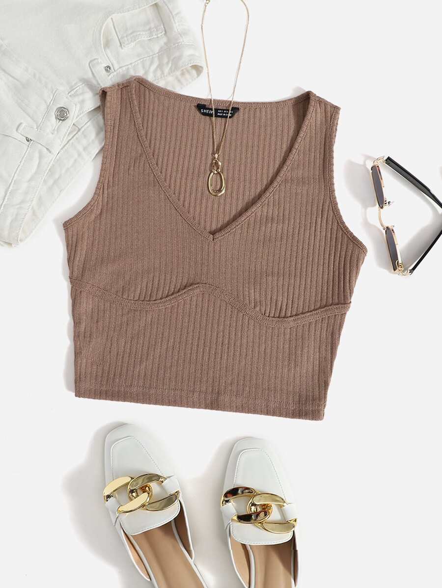 SHEIN EZwear Solid Rib-knit Crop Tank Top - Mocha Brown - View 1