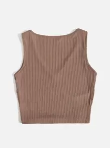 SHEIN EZwear Solid Rib-knit Crop Tank Top - Mocha Brown - View 2