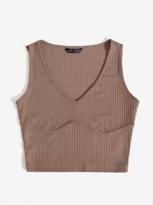 SHEIN EZwear Solid Rib-knit Crop Tank Top - Mocha Brown - View 3