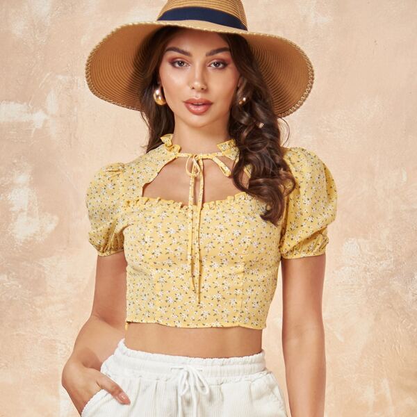 

Frill Tie Neck Puff Sleeve Ditsy Floral Top, Multicolor