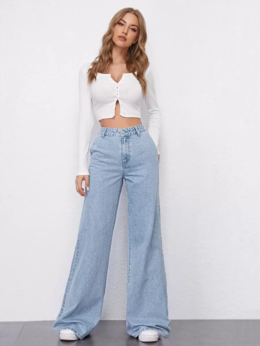 SHEINBlues High Waist Wide Leg Jeans - Light Wash - View 1
