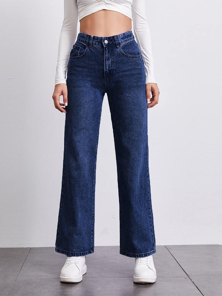 SHEINBlues High Waisted Straight Leg Jeans - Dark Wash - View 1