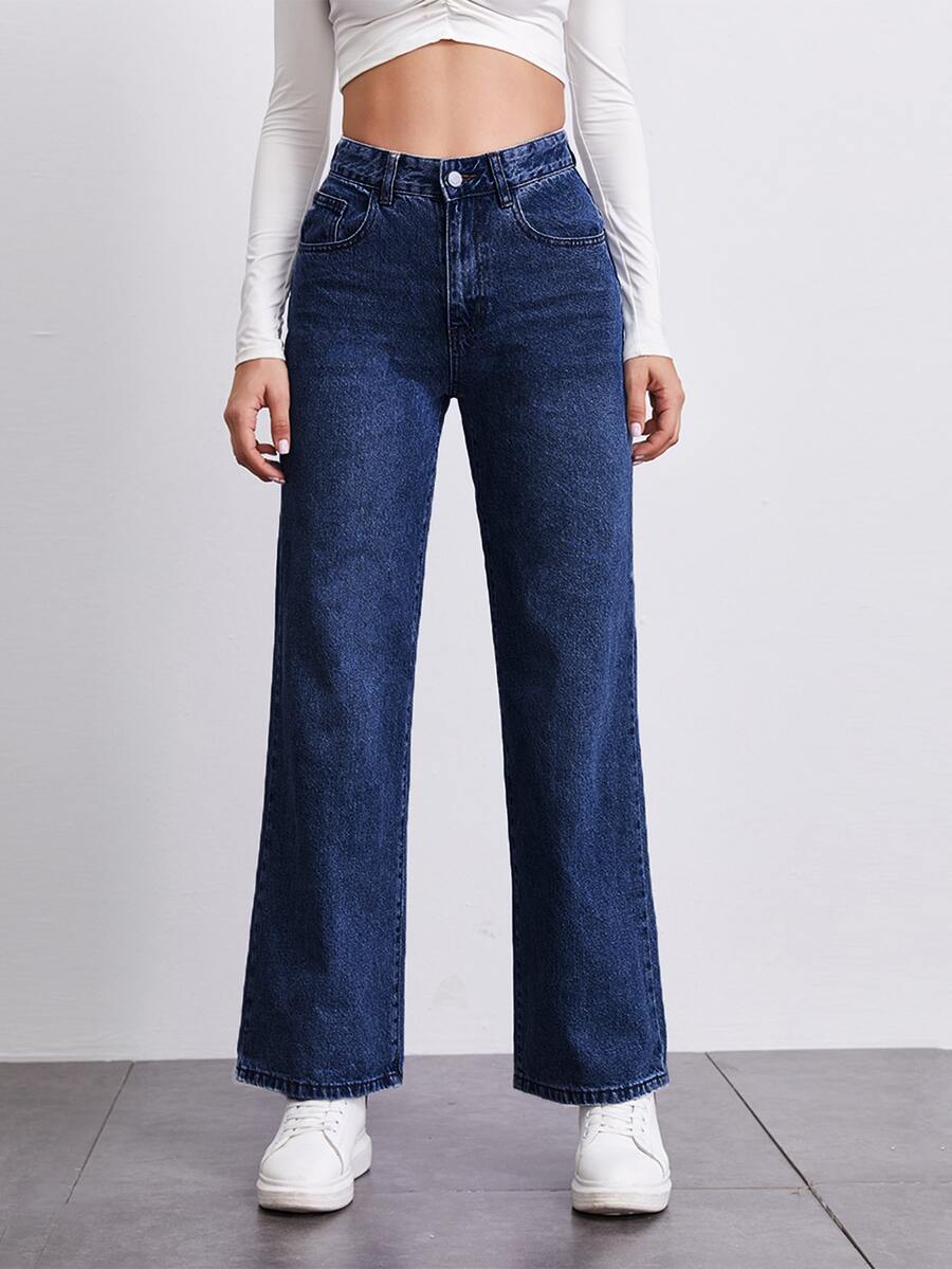 SHEINBlues Jeans de pierna recta de talle alto - Azul lavado oscuro - Ver 1