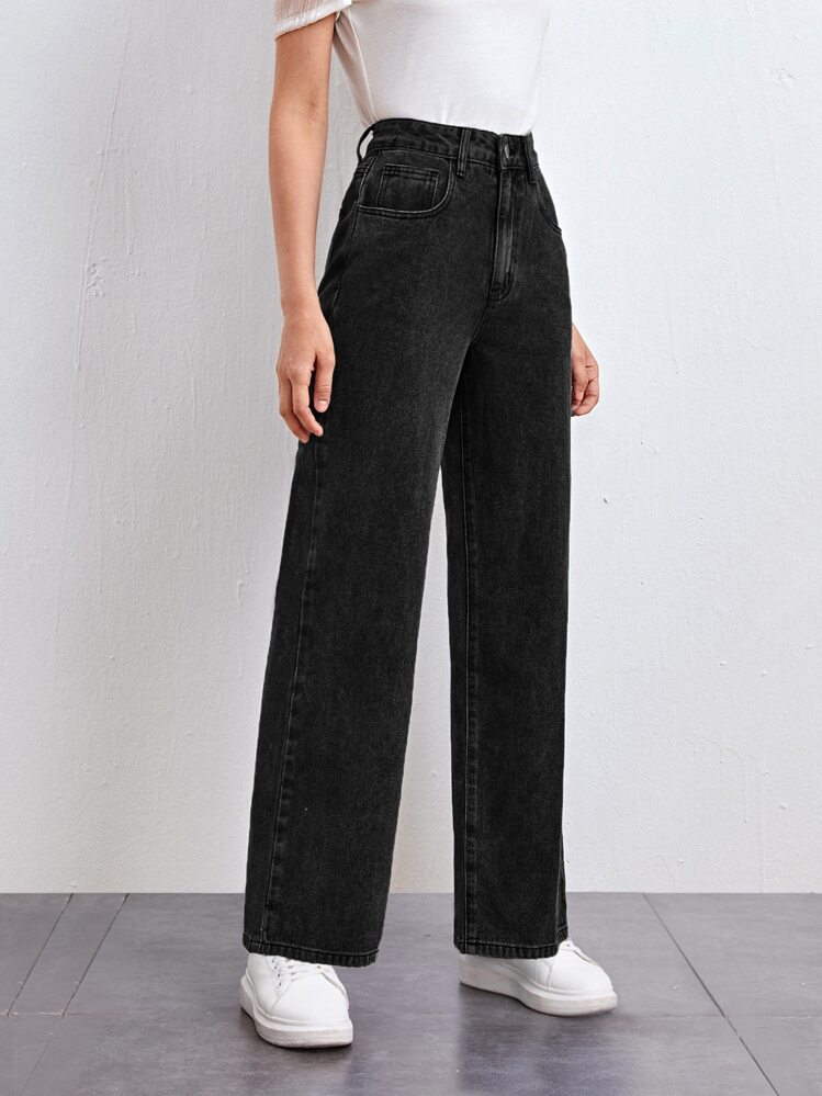 SHEINBlues Slant Pocket Straight Leg Jeans - Black - View 1
