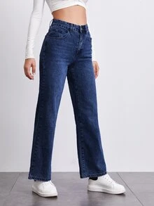 SHEINBlues Jeans de pierna recta de talle alto - Azul lavado oscuro - Ver 3