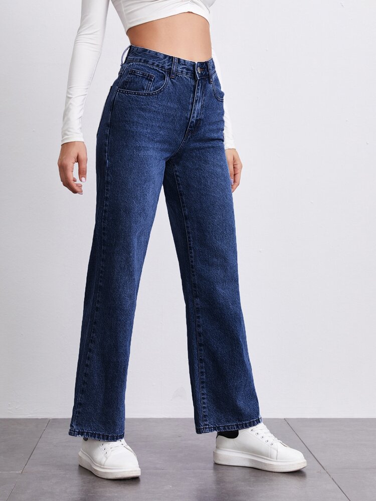 SHEINBlues High Waisted Straight Leg Jeans - Dark Wash - View 3