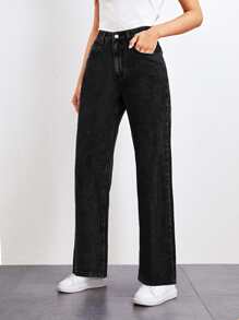 SHEINBlues Slant Pocket Straight Leg Jeans - Black - View 3