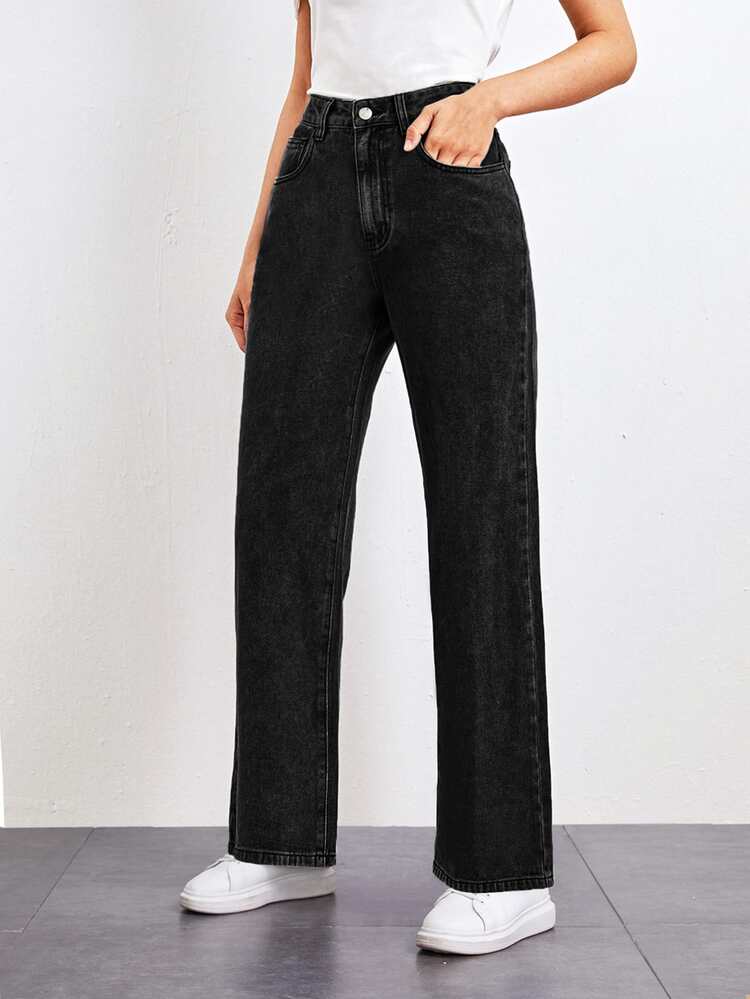 SHEINBlues Slant Pocket Straight Leg Jeans - Black - View 3