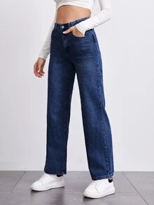 SHEINBlues Jeans de pierna recta de talle alto - Azul lavado oscuro - Ver 4