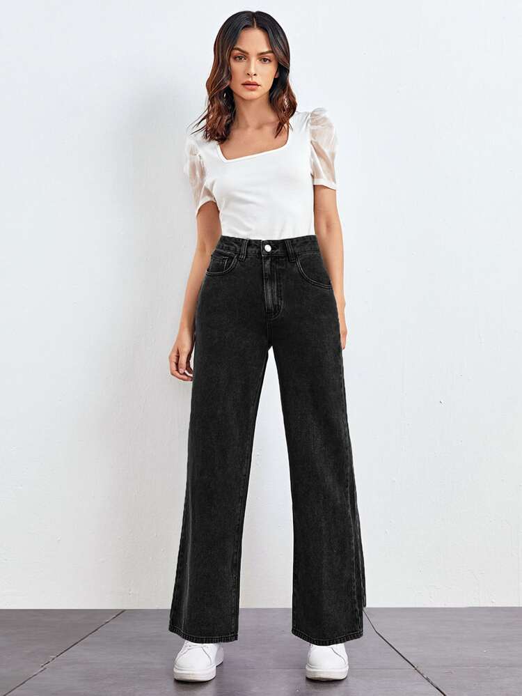 SHEINBlues Slant Pocket Straight Leg Jeans - Black - View 5