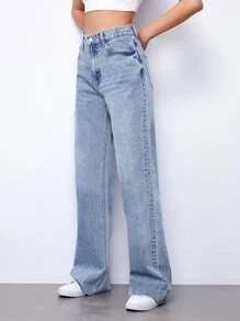 SHEIN 石洗高腰寬鬆牛仔褲