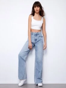 SHEIN 石洗高腰寬鬆牛仔褲