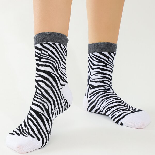 

Zebra Striped Crew Socks, White