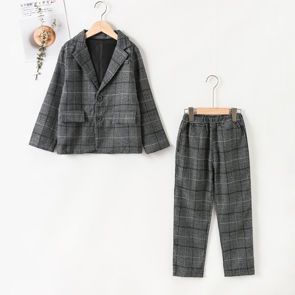 

Boys Plaid Flap Pocket Blazer & Pants Set, Grey