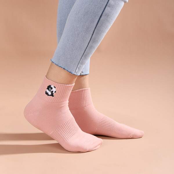 

Panda Embroidered Crew Socks, Pink