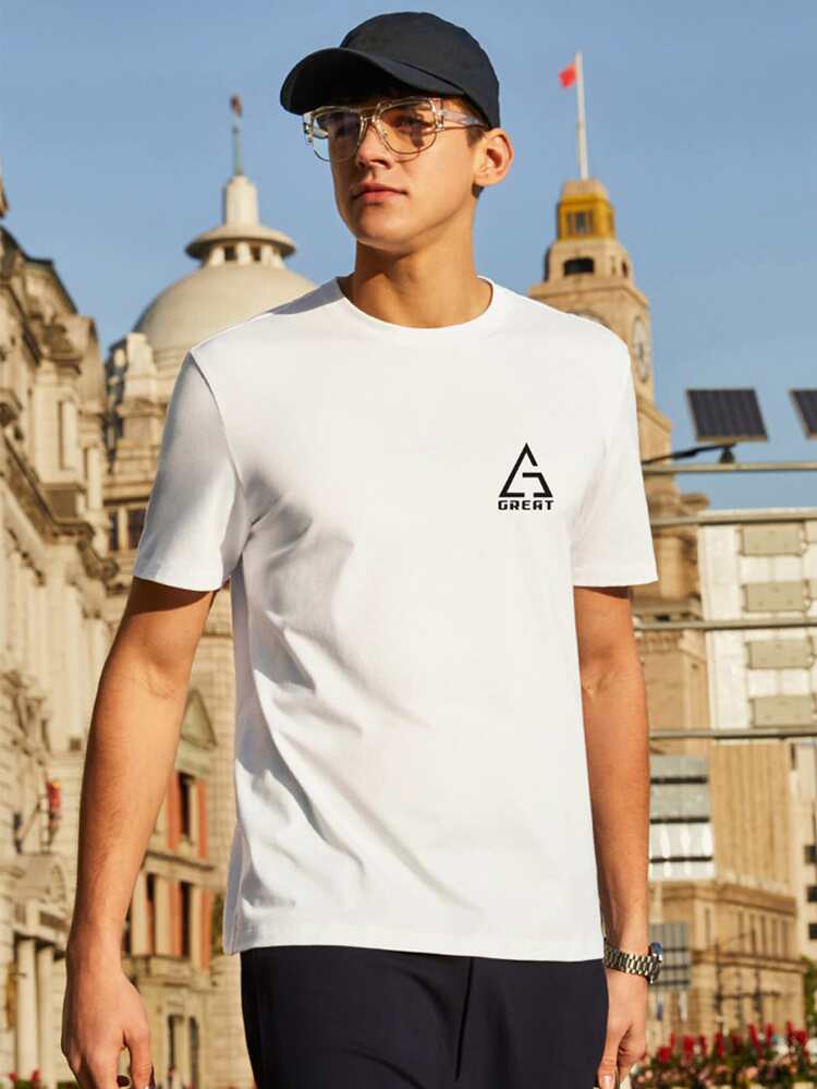 Men Letter & Geo Print Tee - White - View 3