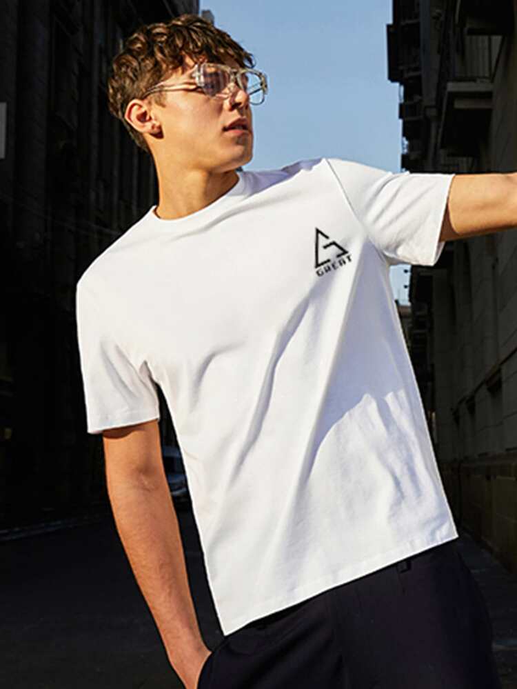 Men Letter & Geo Print Tee - White - View 4