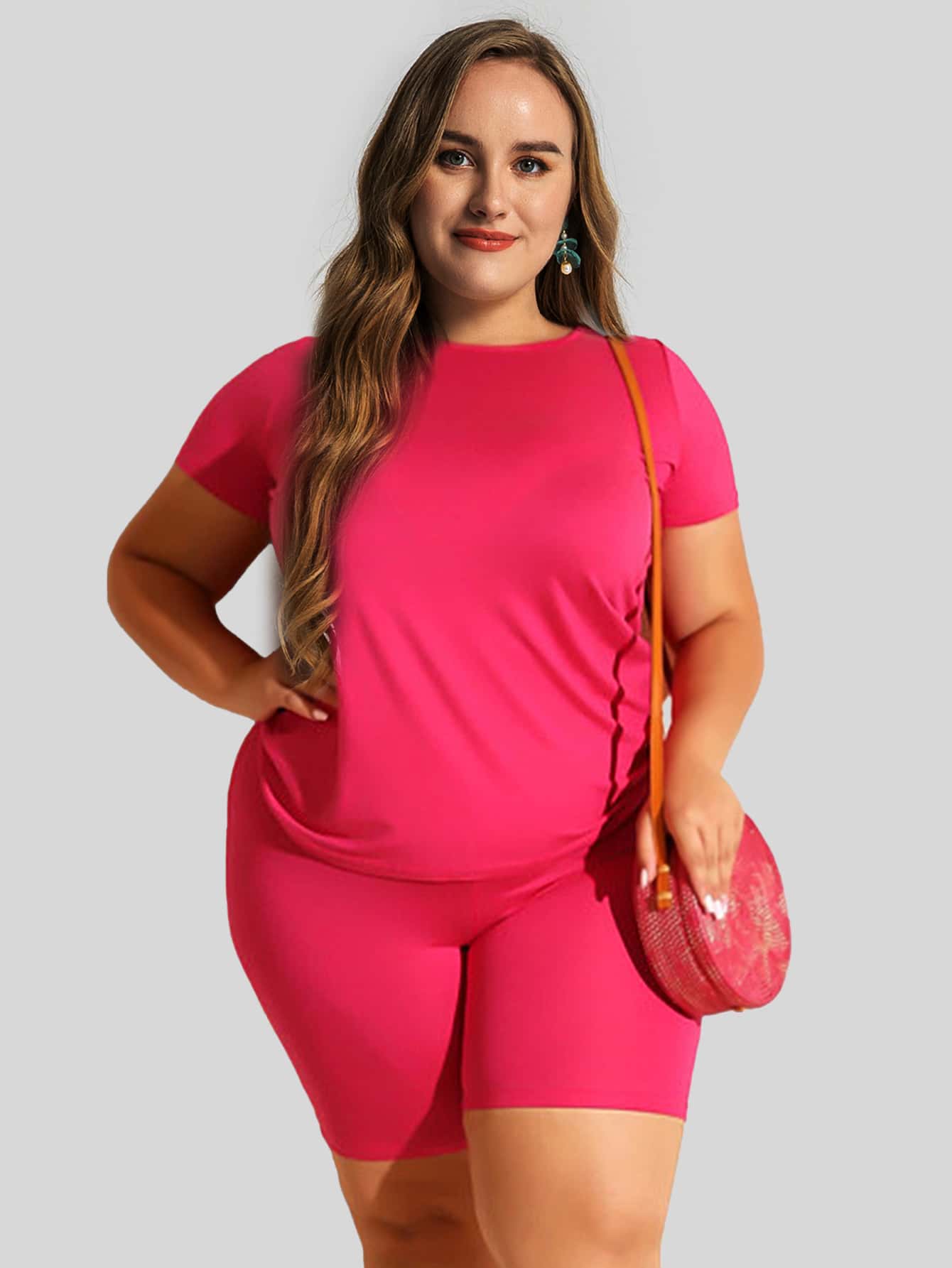 Astrid Plus Solid Tee & Cycling Shorts Set - Hot Pink - View 1