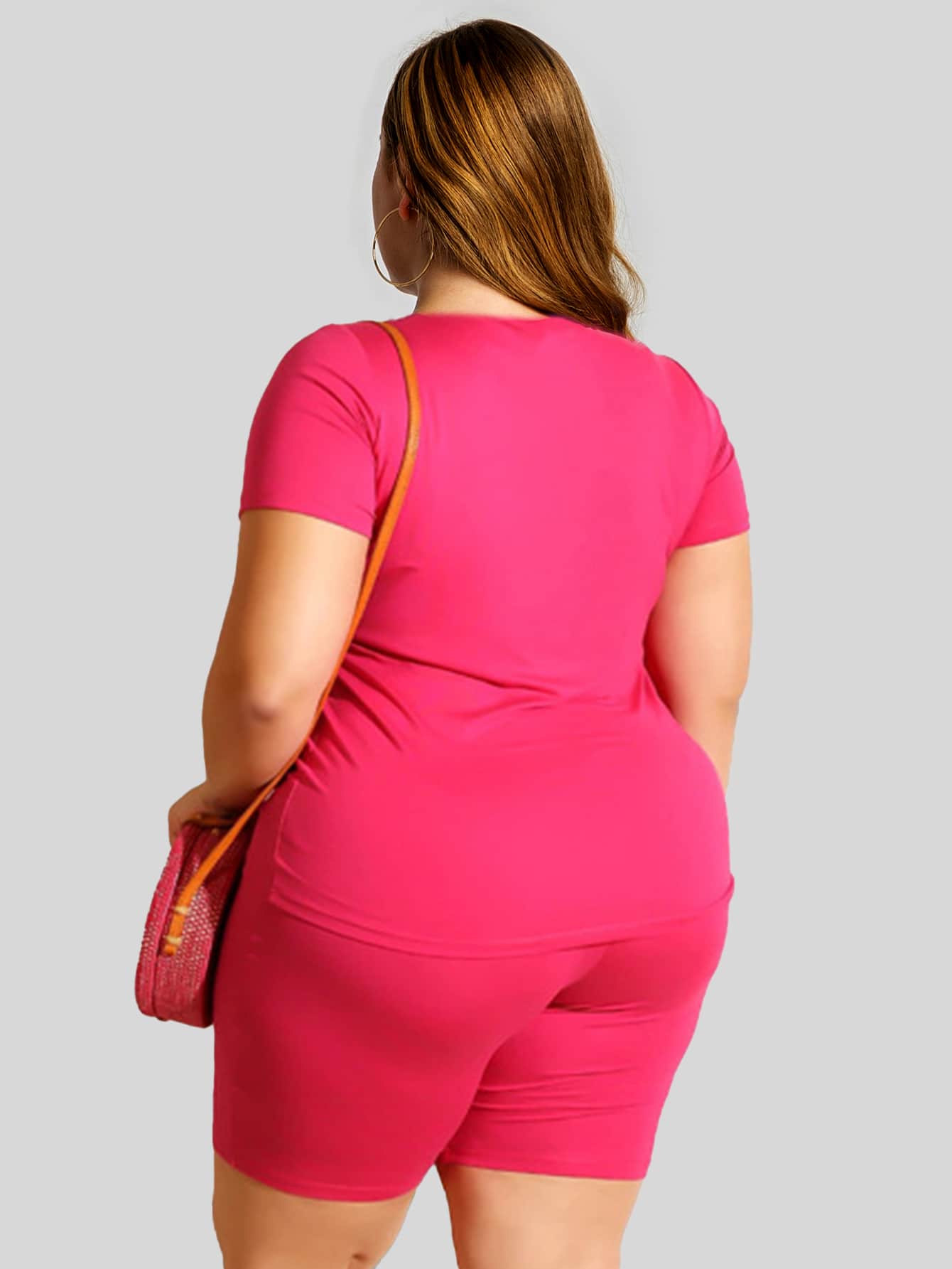 Astrid Plus Solid Tee & Cycling Shorts Set - Hot Pink - View 2