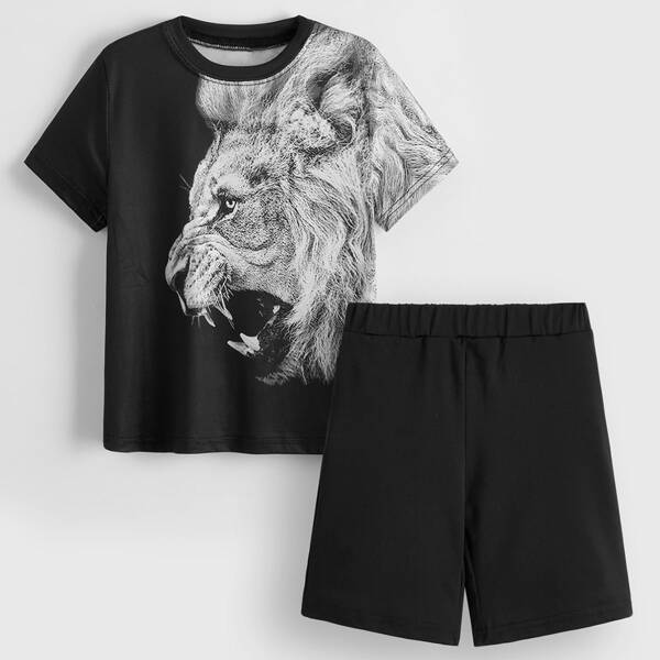 

Toddler Boys Lion Print Tee With Track Shorts, Black