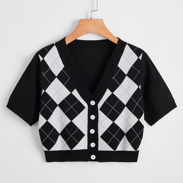

Argyle Pattern Button Front Cardigan, Black and white