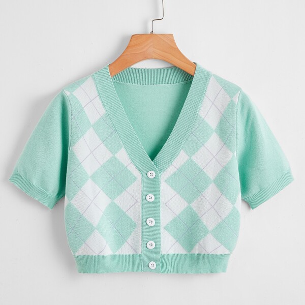 

Argyle Pattern Button Front Cardigan, Mint green