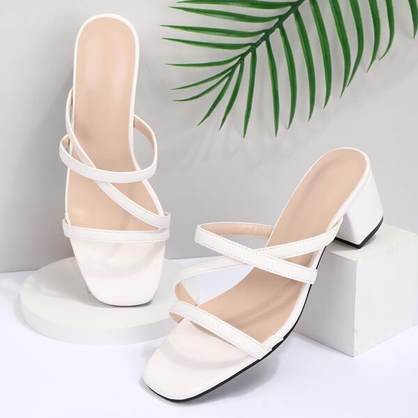 

Cross Strap Chunky Heeled Mule Sandals, White