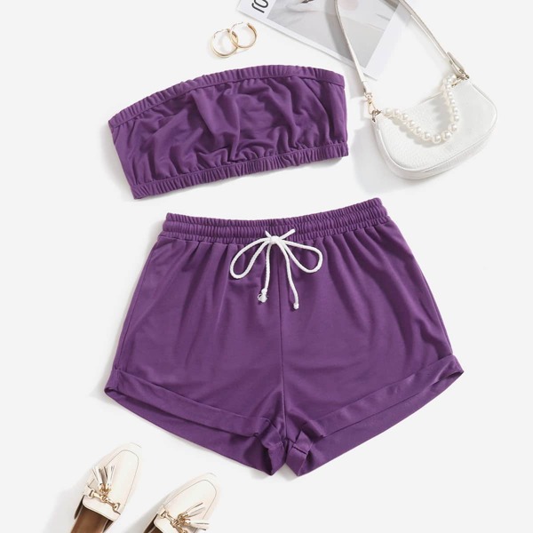 

Plus Solid Tube Top With Drawstring Track Shorts, Purple